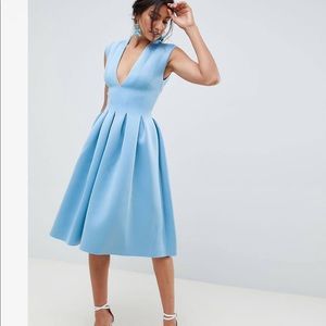 Scuba plunge open back midi cocktail wedding dress